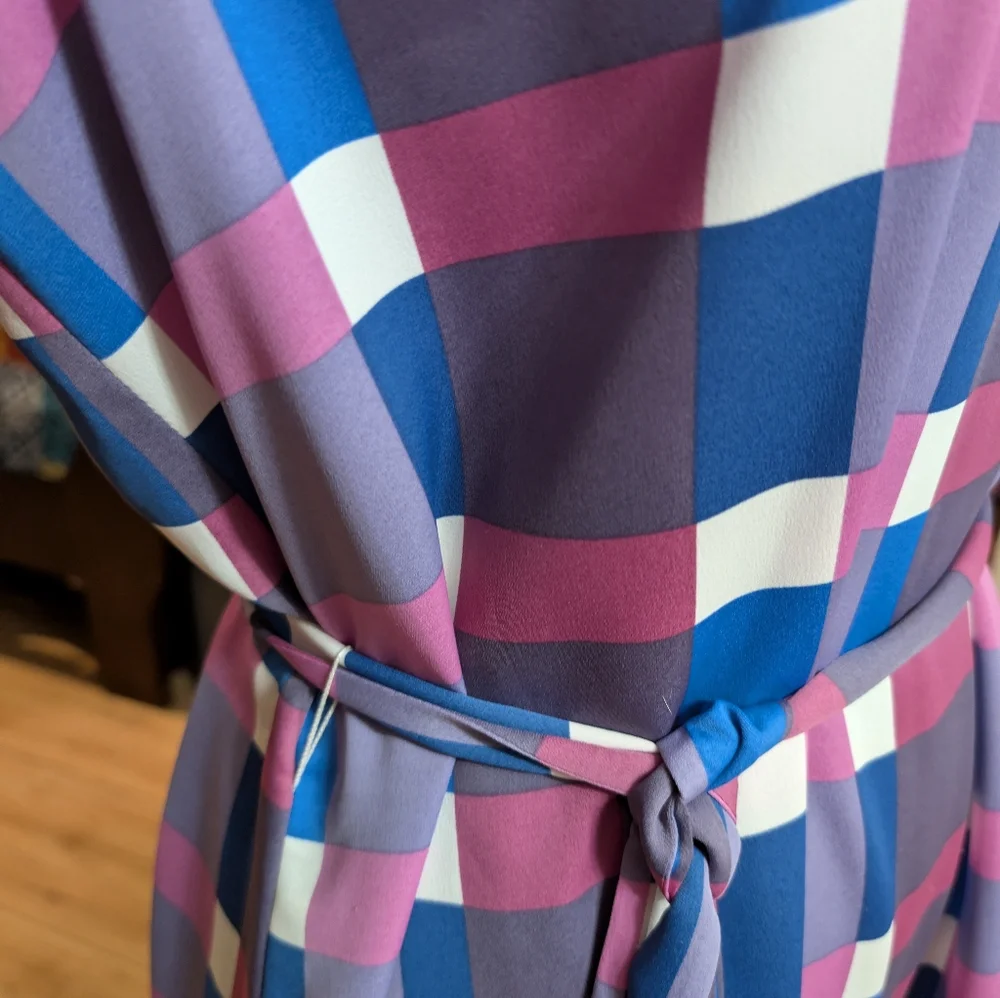 Ann Taylor Factory Plaid Flutter Sleeve Flare Dress | Large | Blue Purple - Picture 5 of 10